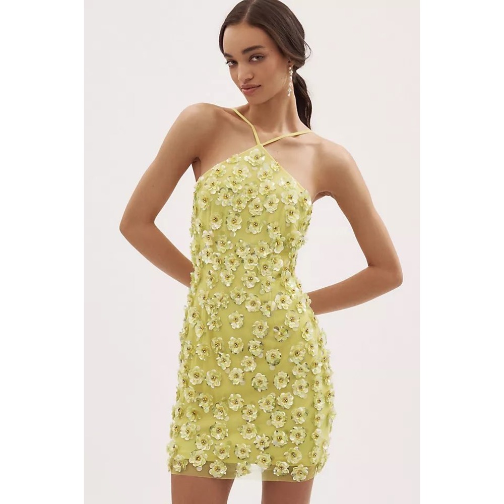 Liv Foster Maeve Anthropologie Yellow 3D Floral Beaded Sequin Mini Dress Size 16